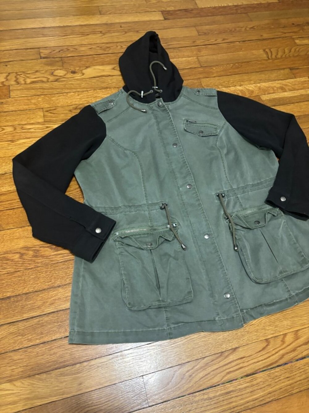 Torrid Womens Utility Jacket Plus Sz 2X Army Green w/ Black Hooded & Knit Arms - Picture 3 of 8